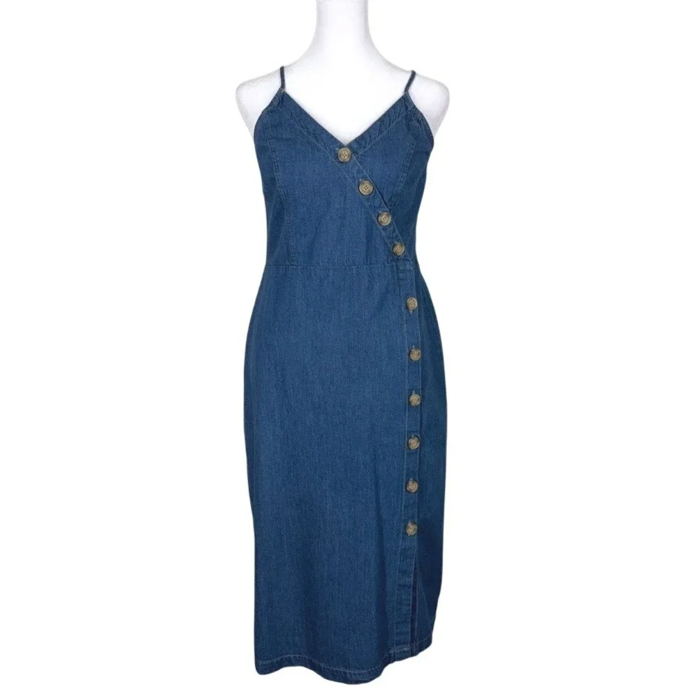Universal Thread Womens Denim Midi Dress Size S Blue Button Front Smocked Back